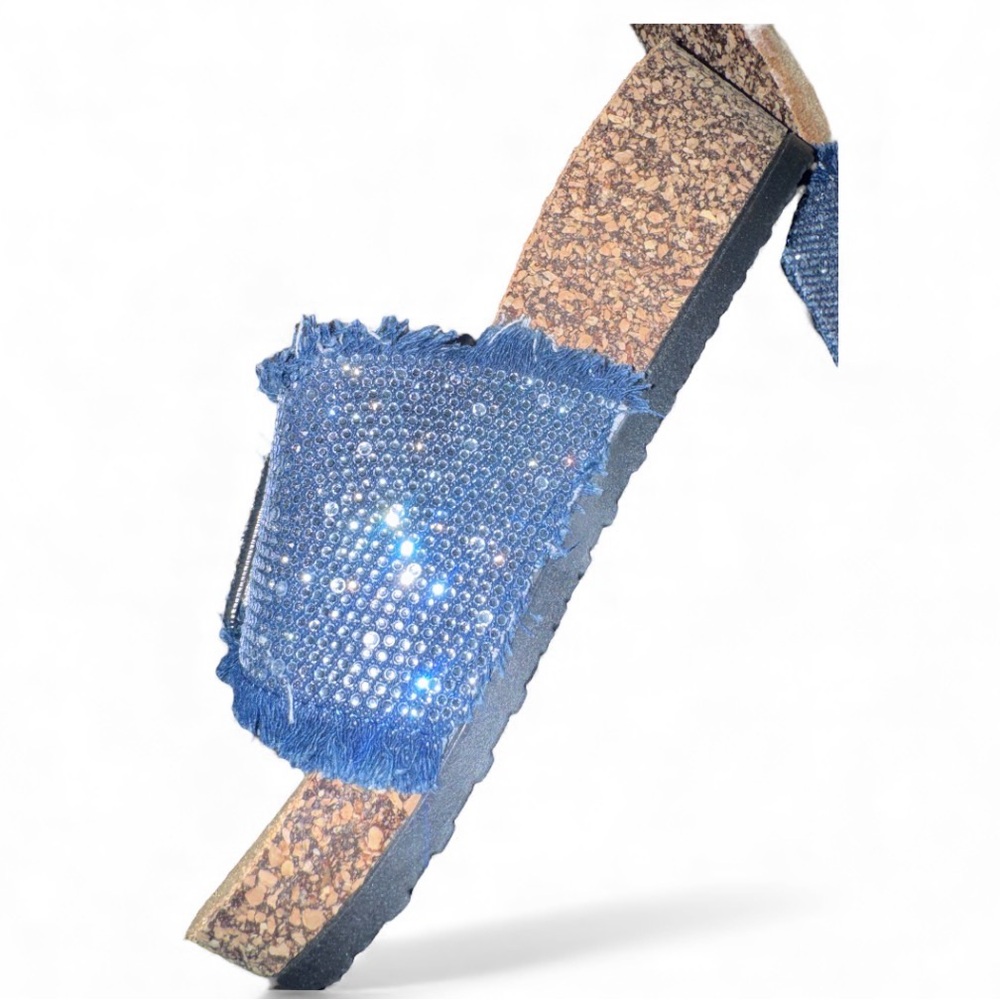 Denim Crystal Slide Sandals Women's Blue